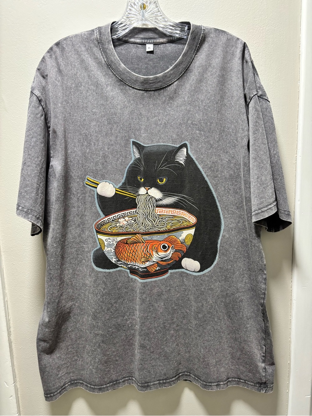 XL T Shirt Black Cat Eating Ramen Noodles Graphic Tee New W/O Tags